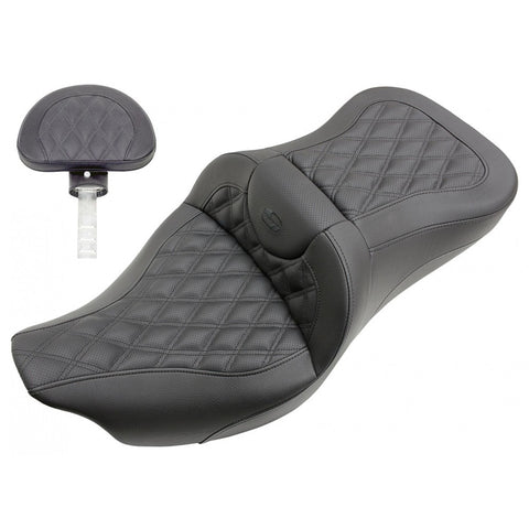Saddlemen Roadsofa Extended Reach 2-Up Seat with Driver Backrest for 2008-22 Harley FL Touring models - Black/Lattice Stitched - 808-07B-184BR