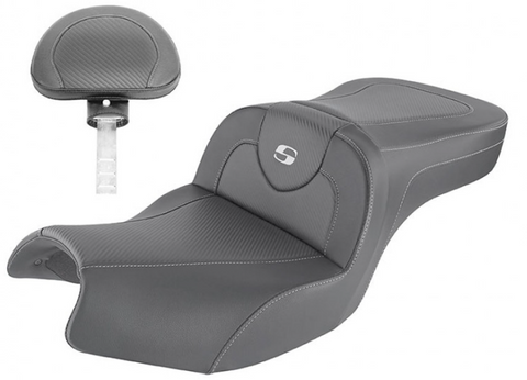 Saddlemen Roadsofa 2-Up Seat with Driver Backrest for 2020-21 Indian Challenger models - Black/Carbon Fiber - I20-06-185BR