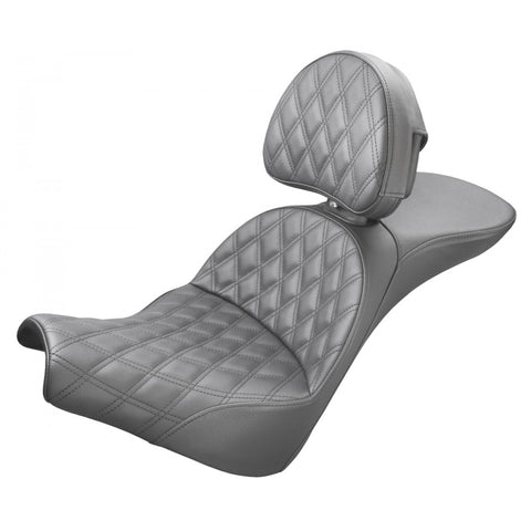 Saddlemen Explorer 2-Up Seat with Driver Backrest for 2018-22 Harley Softail Street Bob/Standard - Black/Lattice Stitched - 818-30-030LS