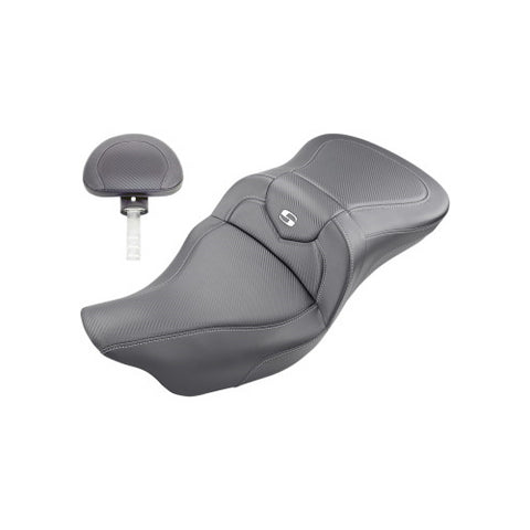 Saddlemen Roadsofa Extended Reach 2-Up Seat with Driver Backrest for 2008-22 Harley FL Touring models - Black/Pillow Top - 808-07B-186BR