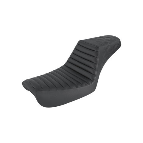 Saddlemen Step-Up 2-Up Seat for 2004-05 Harley Dyna Super Glide / Low Rider models - Black/Tuck and Roll with Rear Lattice Stich - 804-04-176